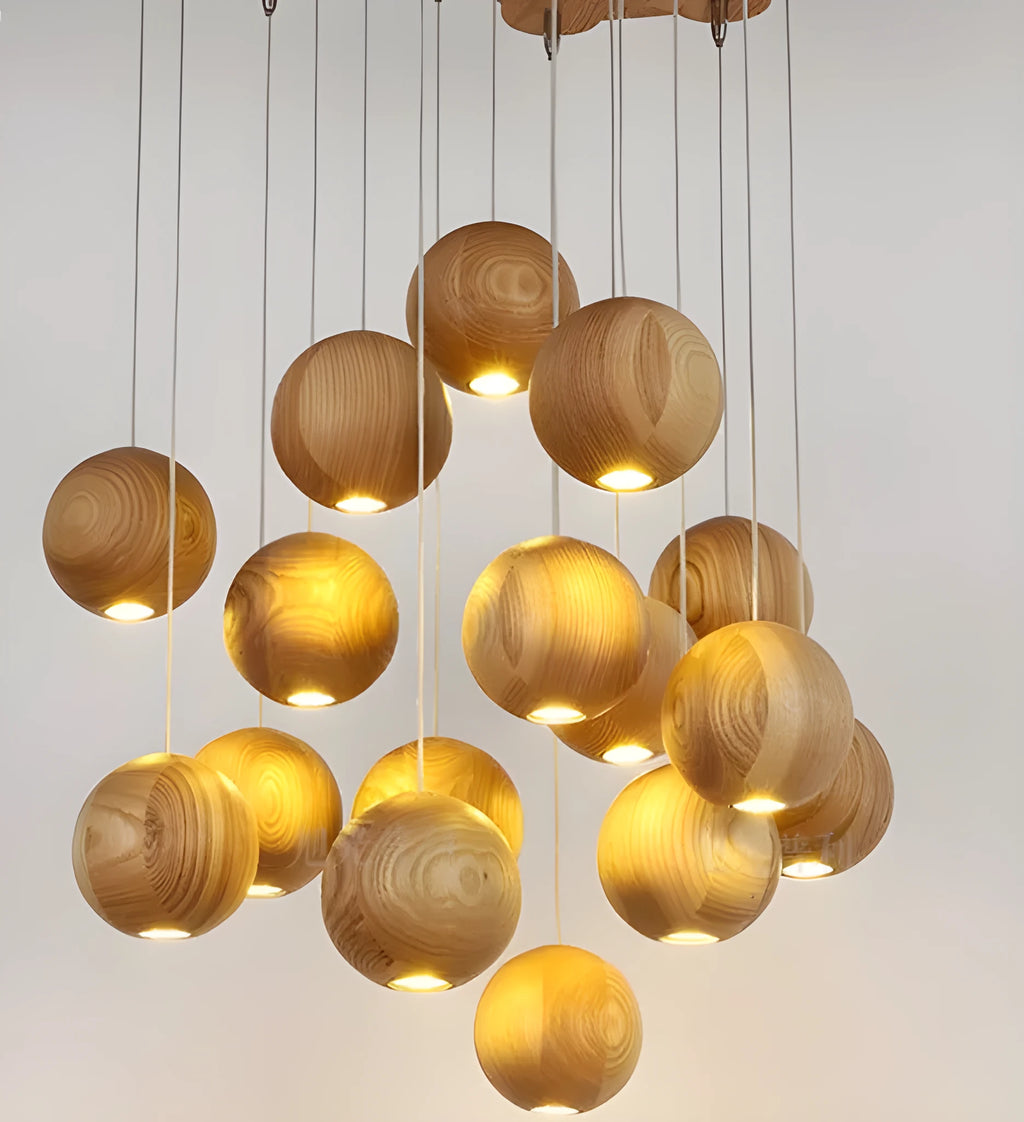 Nordic wood ball chandelier pendant light with adjustable cord and wooden mounting disc