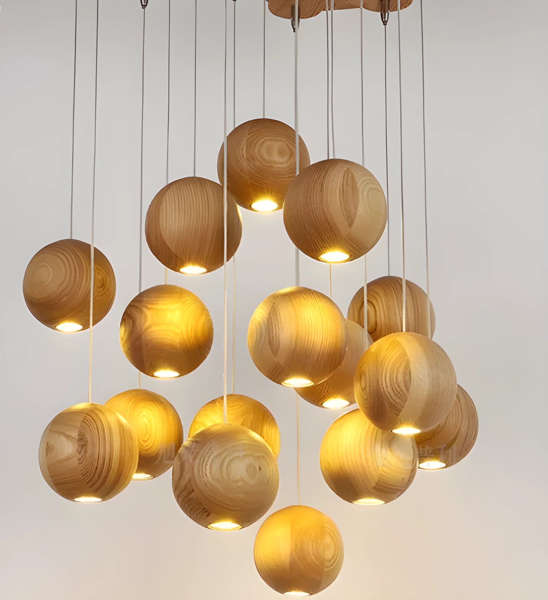 Nordic wood ball chandelier pendant light with adjustable cord and wooden mounting disc