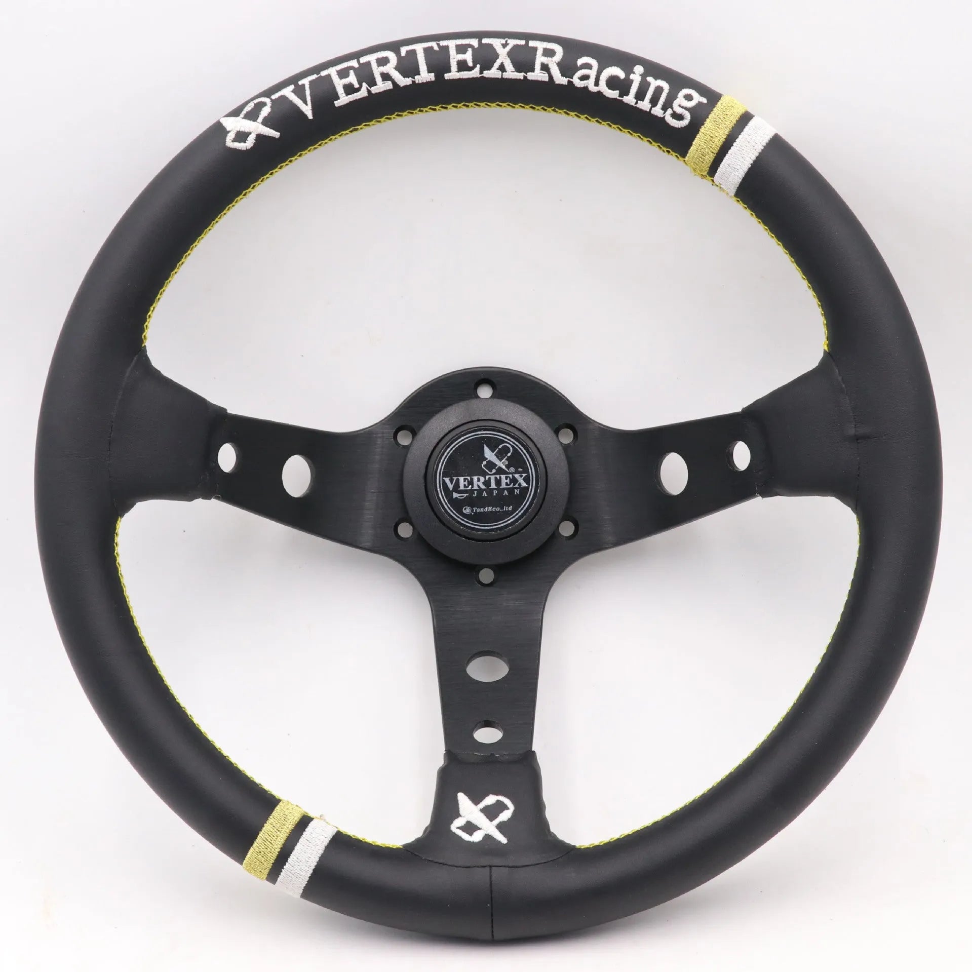 Black deep concave alloy racing steering wheel showing 330mm diameter and Vertex design options.