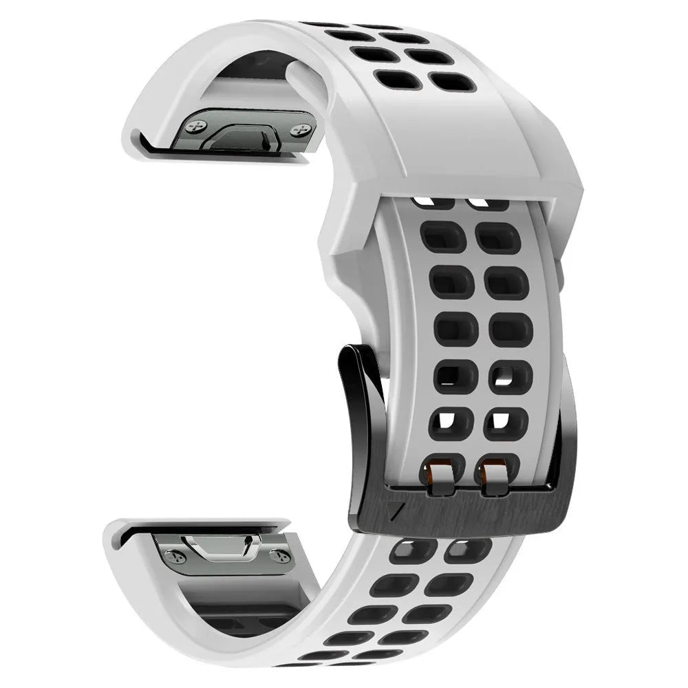 Two-tone quick release silicone watch strap showing pin buckle and colour options on grey background.