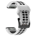 Two-tone quick release silicone watch strap showing pin buckle and colour options on grey background.