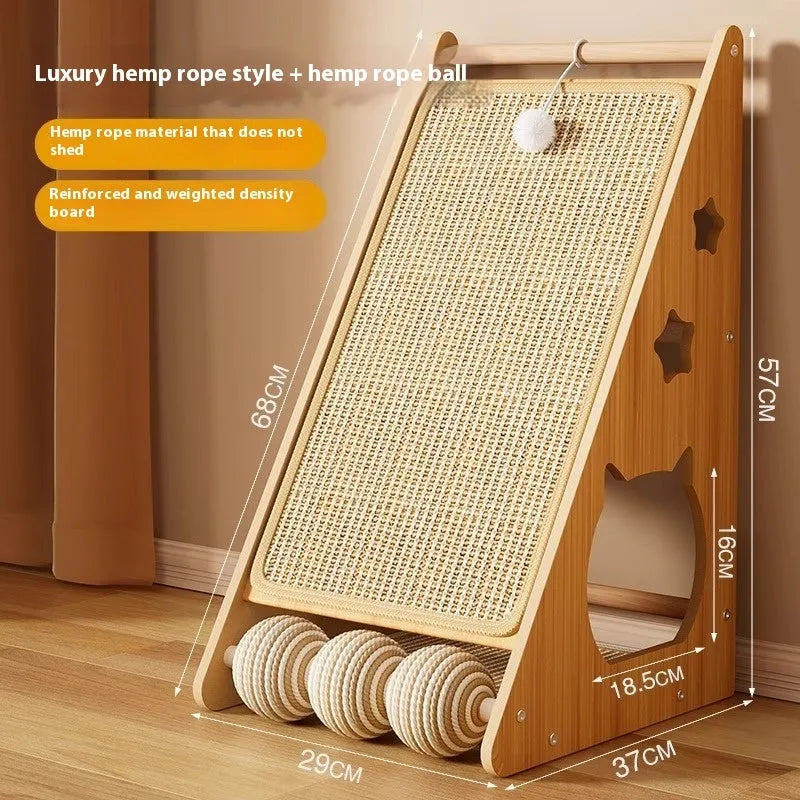 Vertical sisal cat scratch board with attached ball toy on hemp rope mounted on a wall.
