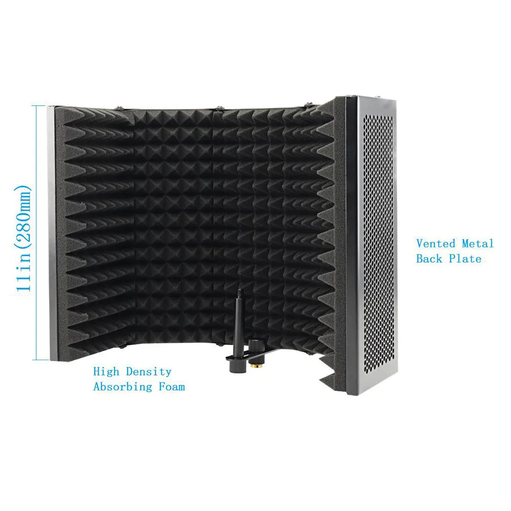 Black 5-door microphone enclosure with sound absorbing foam panels measuring 36 x 28 cm on a microphone stand