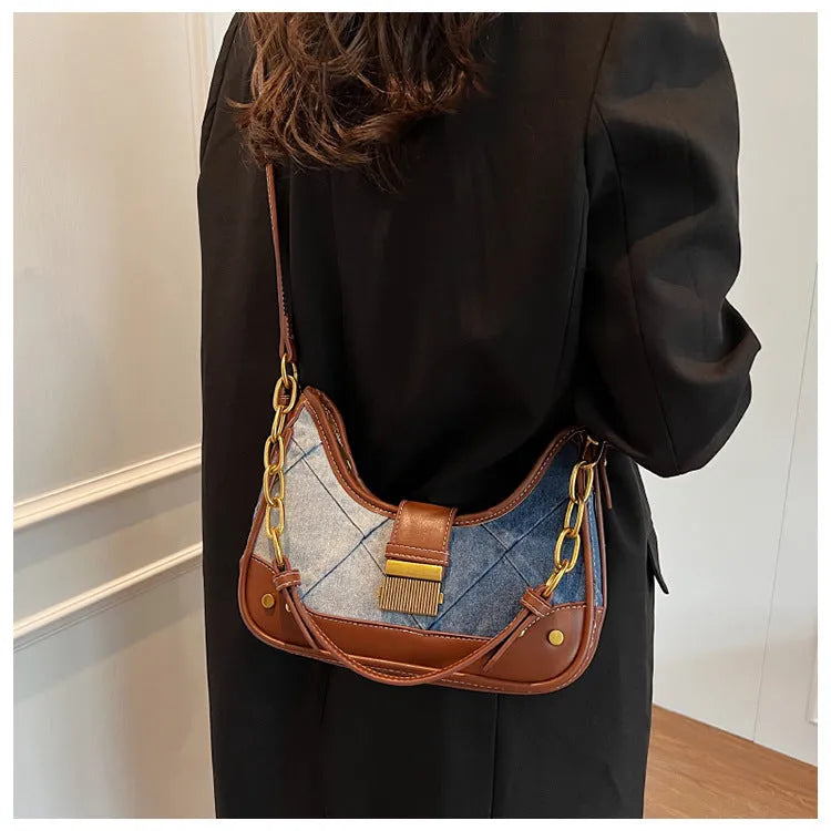 Brown denim women's shoulder bag with diamond mesh chain design and bucket shape