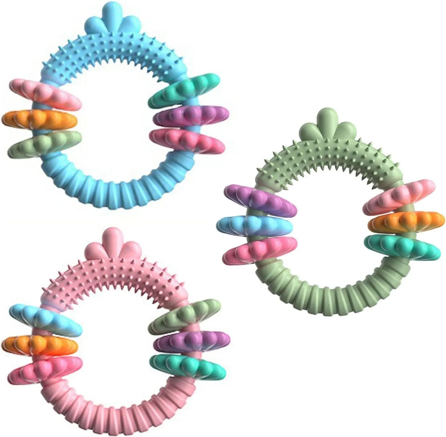 TPR rubber dog chew toy shaped as ring for small dogs, blue green pink colours
