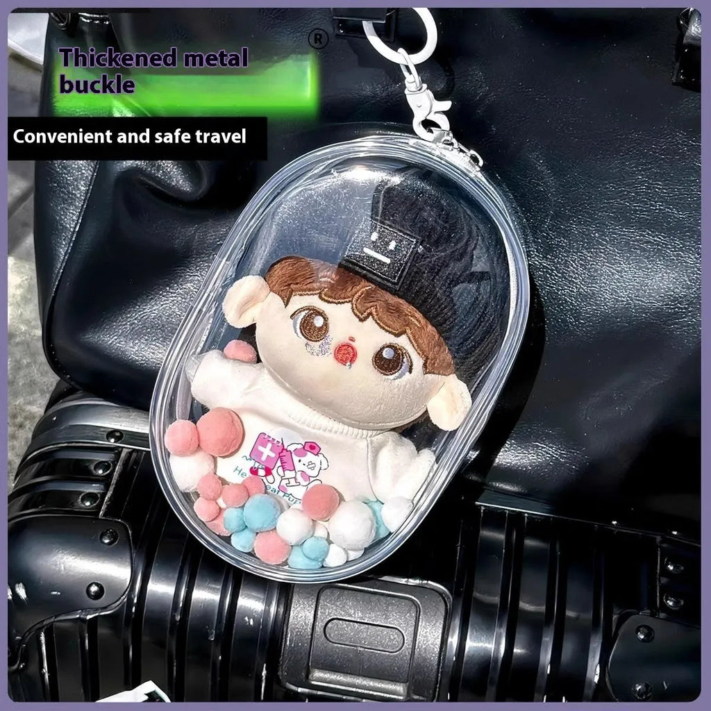 Clear PVC cube storage bag for dolls with keychain attachment in avocado green colour