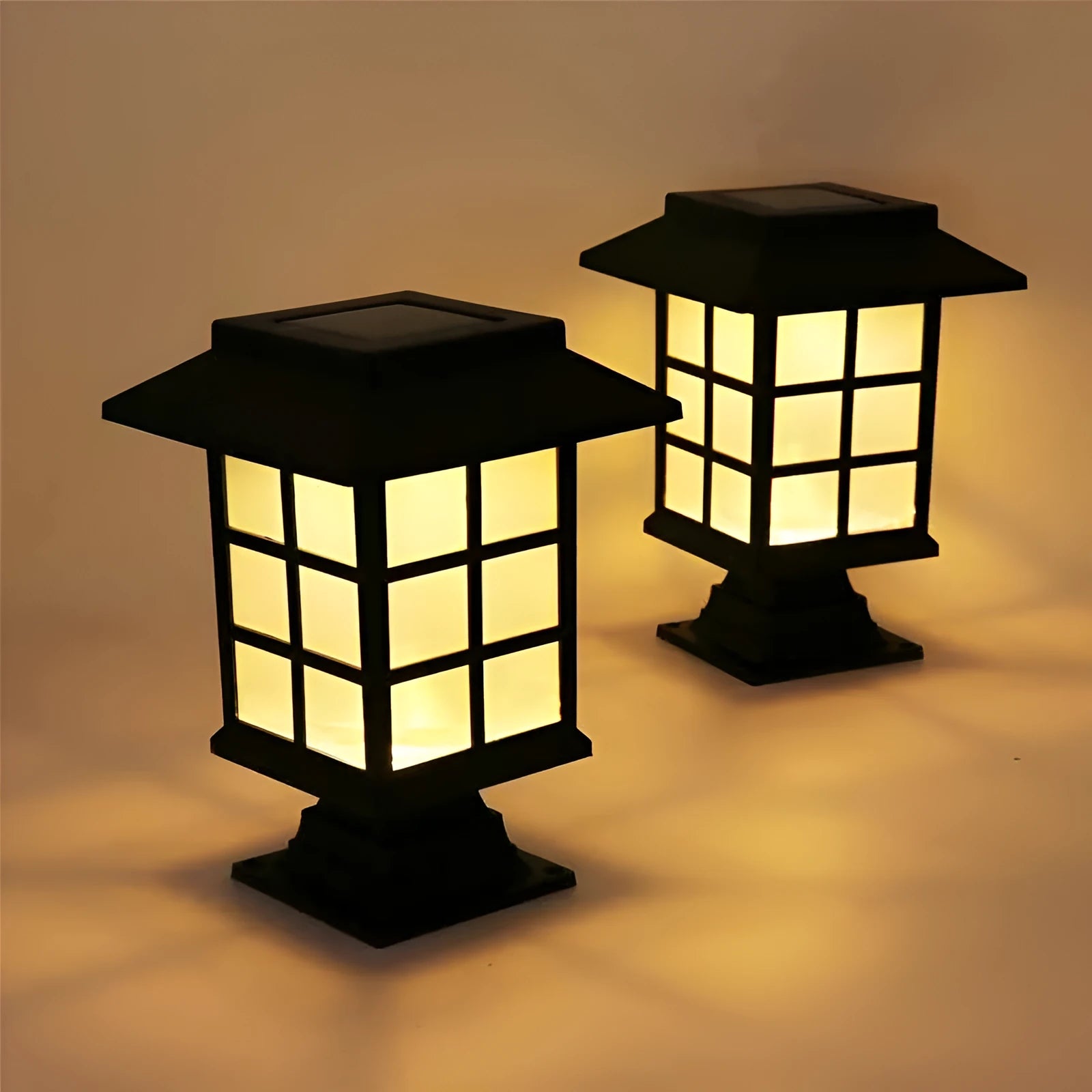 Black solar outdoor LED lawn light with window-style design for garden and pathway illumination