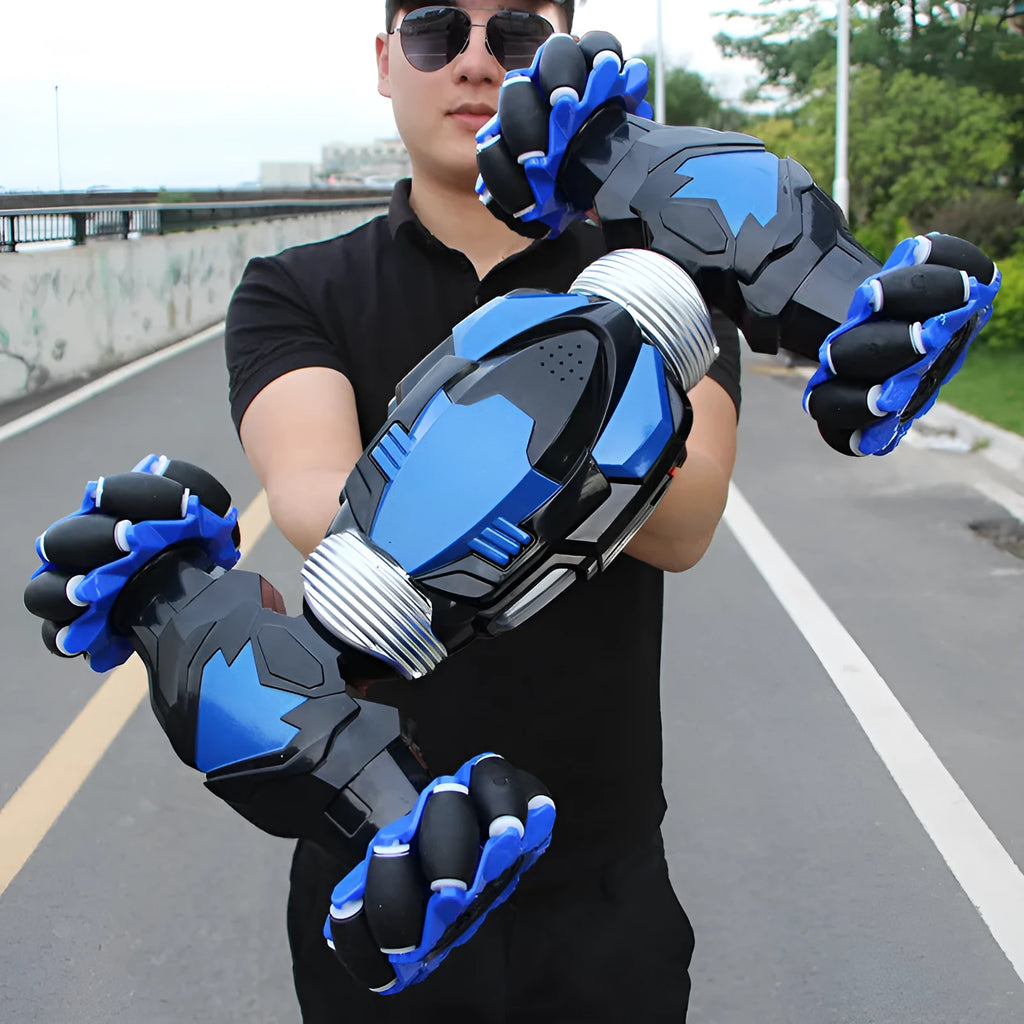 Blue electric remote control car with two motors, ABS plastic body, climbing and twisting wheels, on a pavement surface