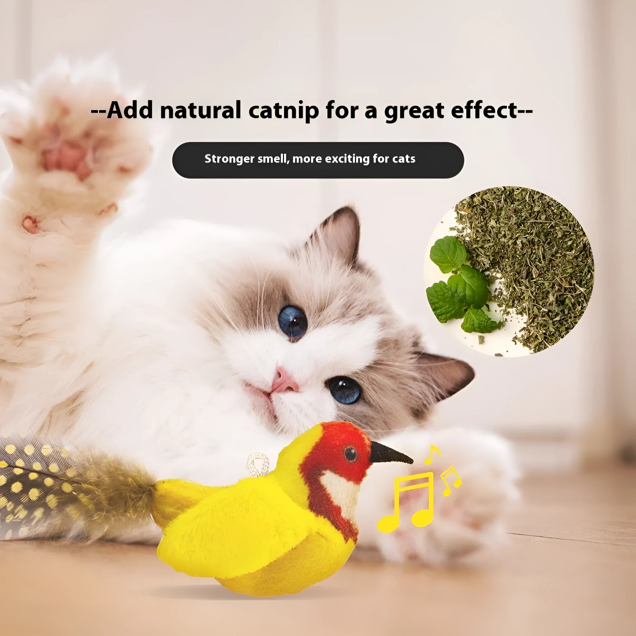 Colourful bird simulation plush cat toy in blue kingfisher design with soft fabric construction