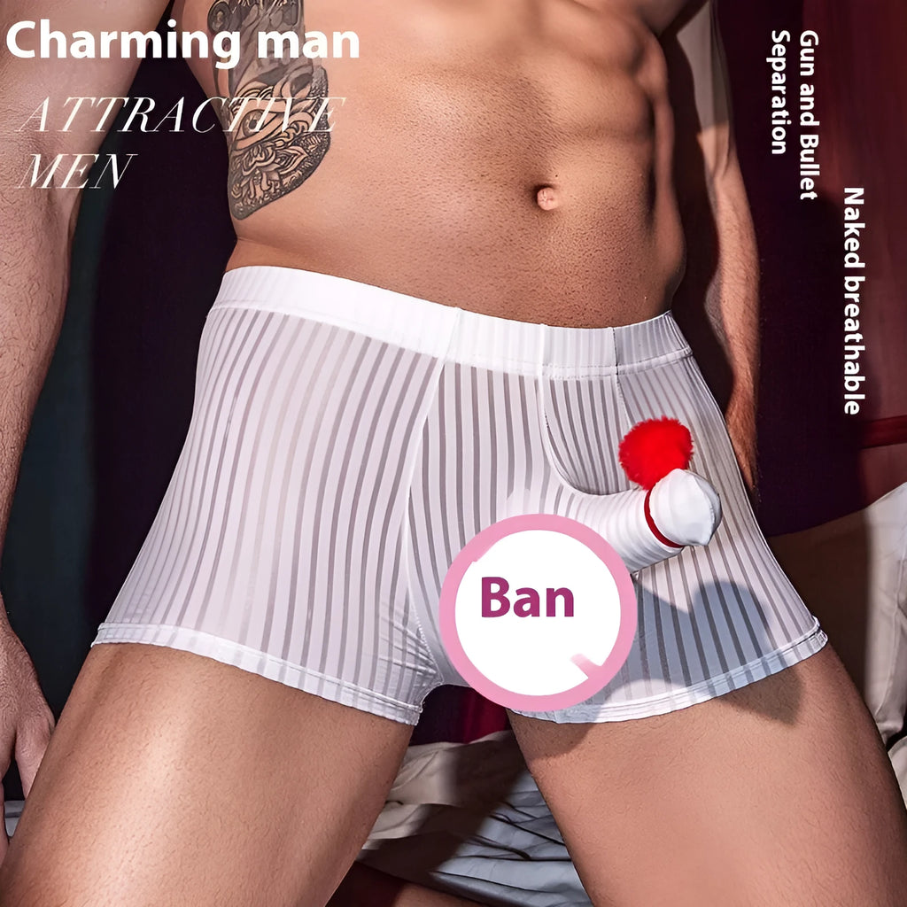 Men's black and white striped nylon boxer briefs laid flat, showing free size elastic waistband.