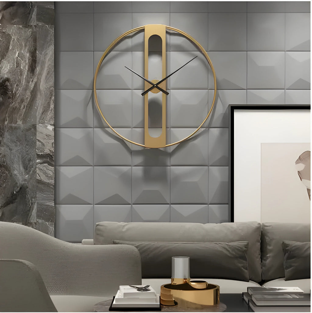Round metal wall clock with 50 cm diameter in black or gold finish on a wall