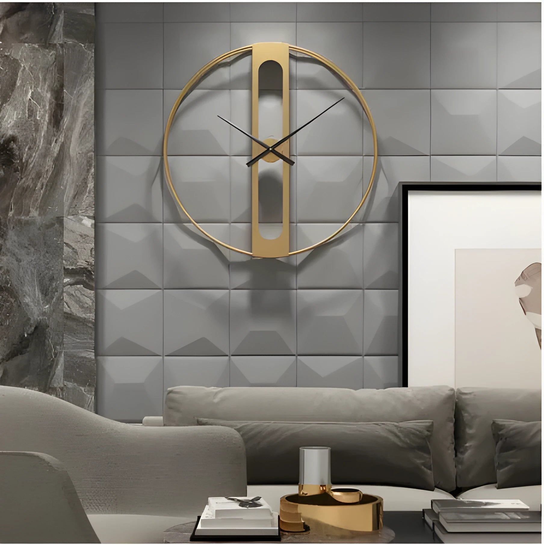 Round metal wall clock with 50 cm diameter in black or gold finish on a wall