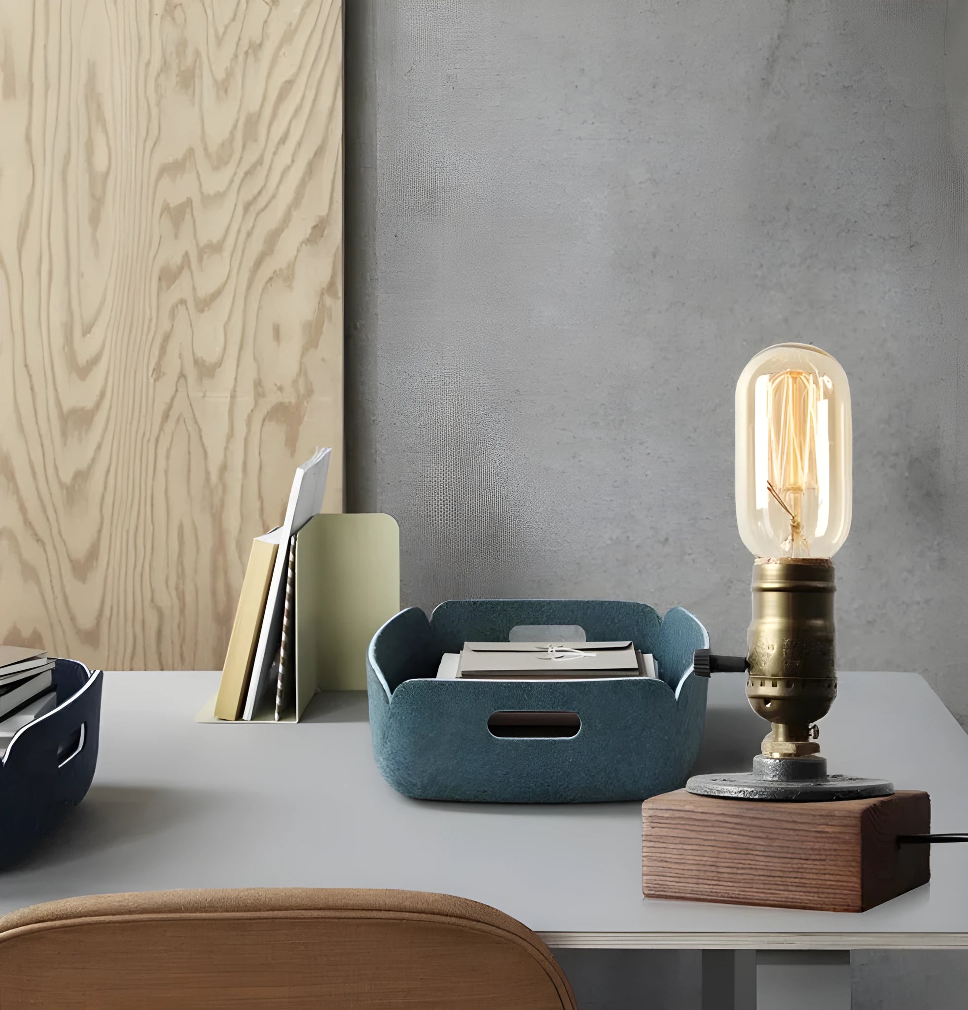 Small wooden and iron water pipe table lamp on a table