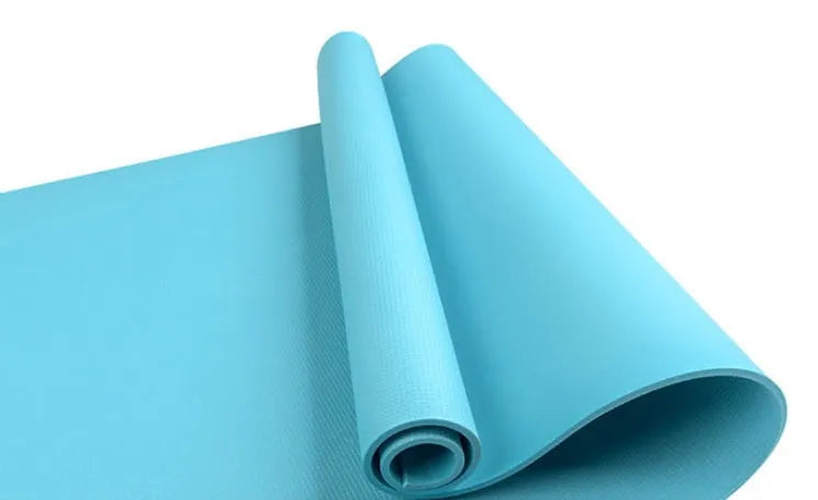 EVA yoga mat in blue colour showing 6mm thickness and textured anti-slip surface