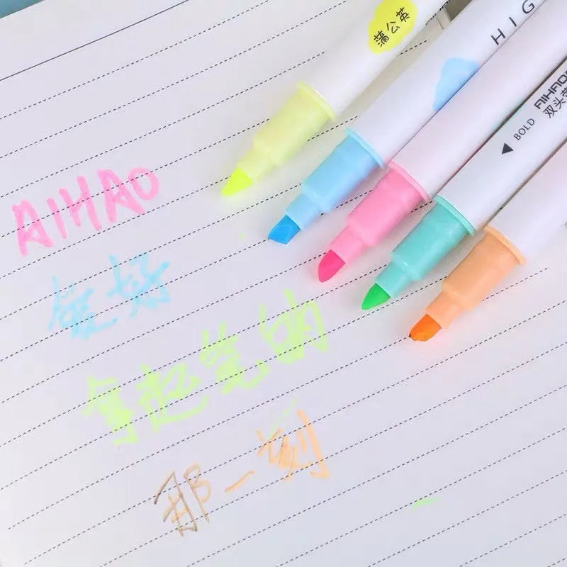 Set of five double-head highlighter gel pens with plug-in caps in assorted colours for study and office use