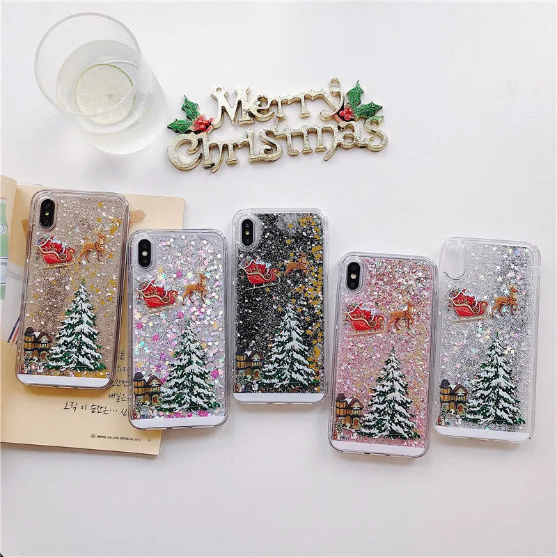 Transparent quicksand effect phone case with Santa Claus and Christmas tree design for iPhone and Samsung