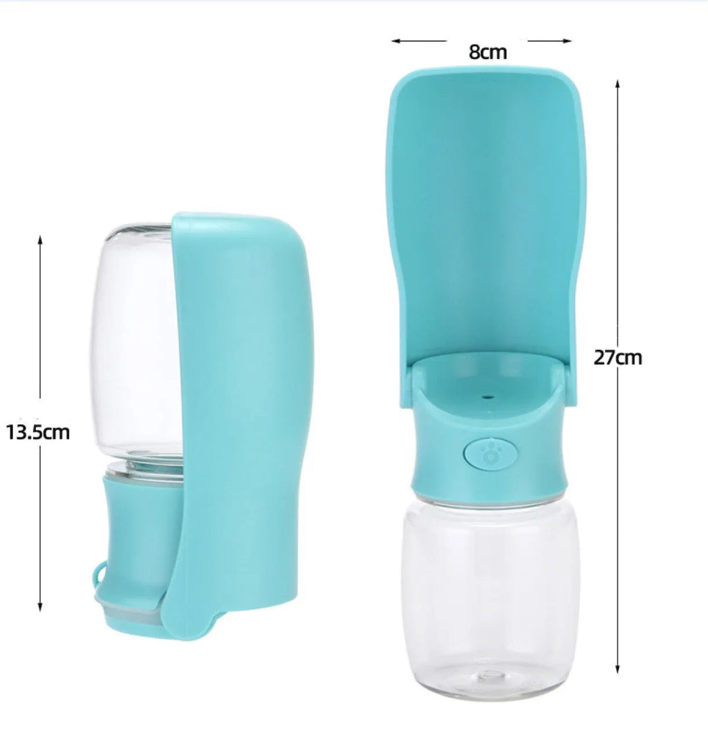 Blue foldable dog water bottle dispenser showing 550ml capacity marking.