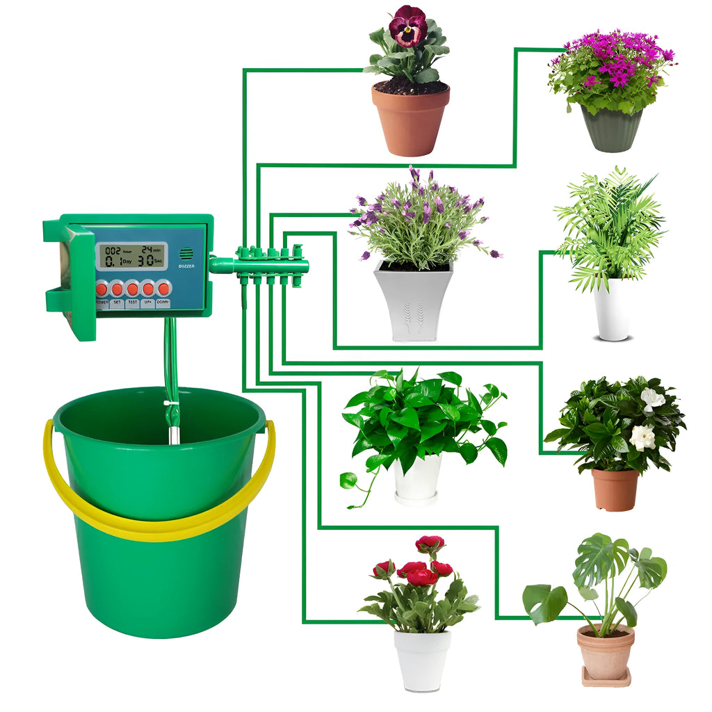 Green automatic micro drip irrigation watering kit with smart controller, 10m vinyl tube, and stainless steel spring pegs for indoor garden pots