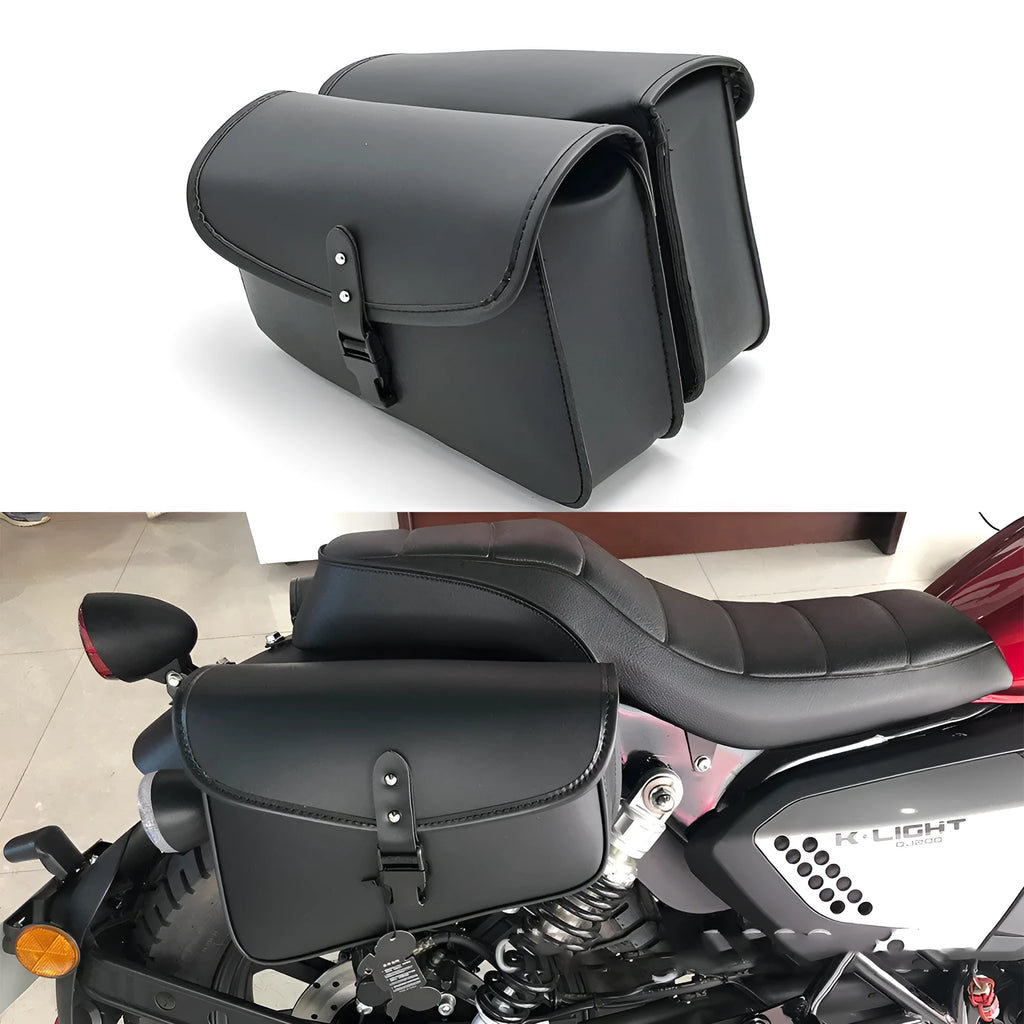 Black PU leather motorcycle swingarm bag mounted on Harley Sportster showing dimensions