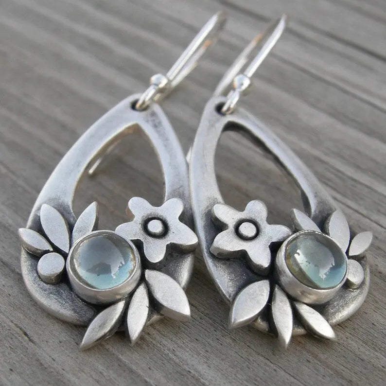 Silver alloy teardrop drop earrings with floral leaf design, electroplated finish, for women