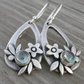 Silver alloy teardrop drop earrings with floral leaf design, electroplated finish, for women