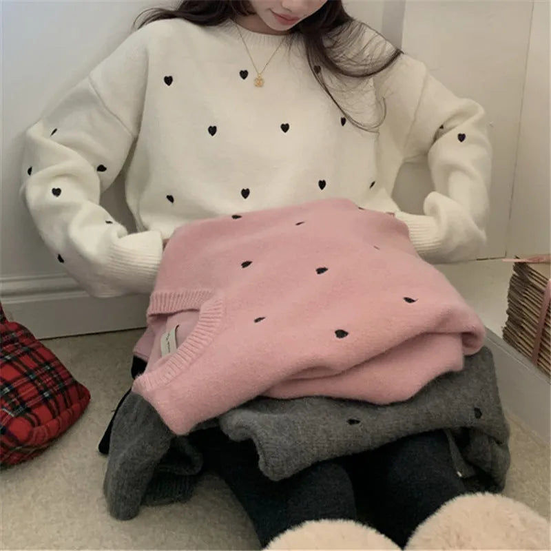 Women's cream crew neck acrylic sweater with love pattern embroidery and long sleeves
