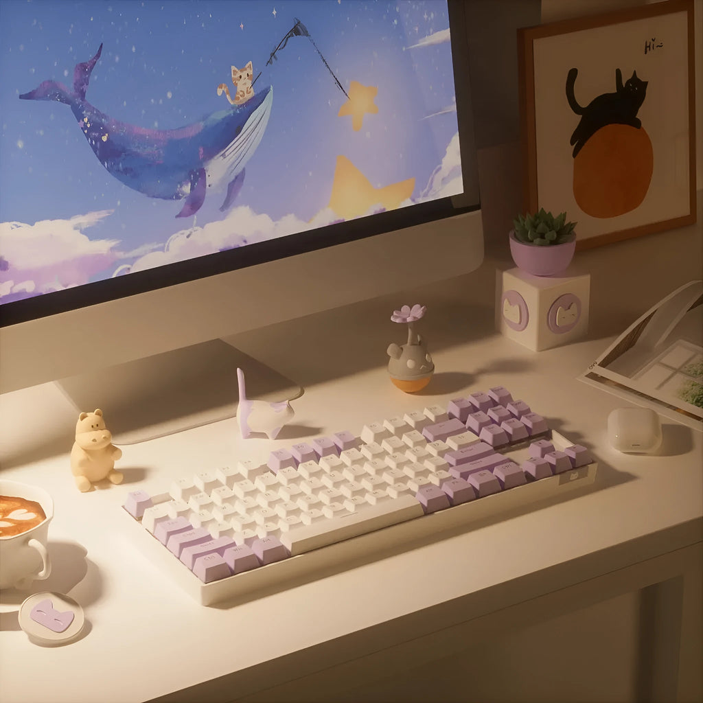 Wireless Bluetooth mechanical keyboard with a metal base in purple-white or blue-white colour options.