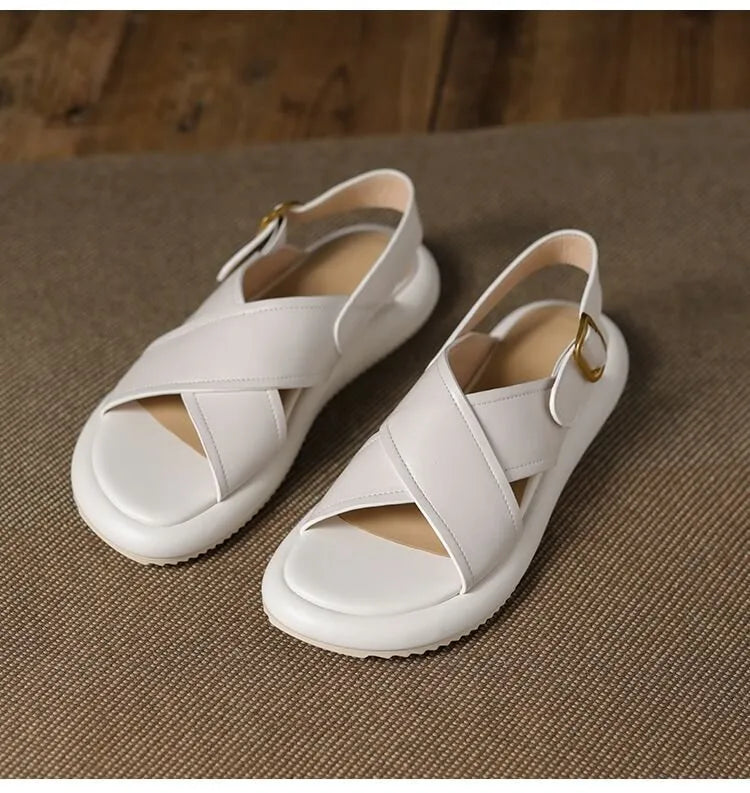 Women's flat non-slip cross Roman sandals in white with a microfiber upper and polyurethane sole