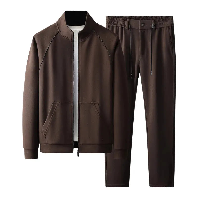 Men's stand collar slim fit casual sports suit in Vinylon fabric, shown in coffee colour