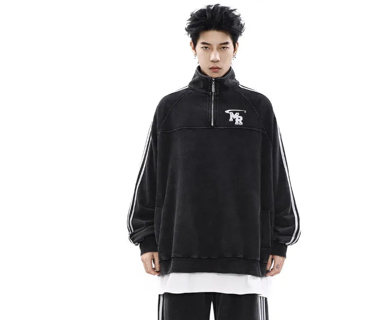 Black Hong Kong style retro casual sports hoodie with stand collar design