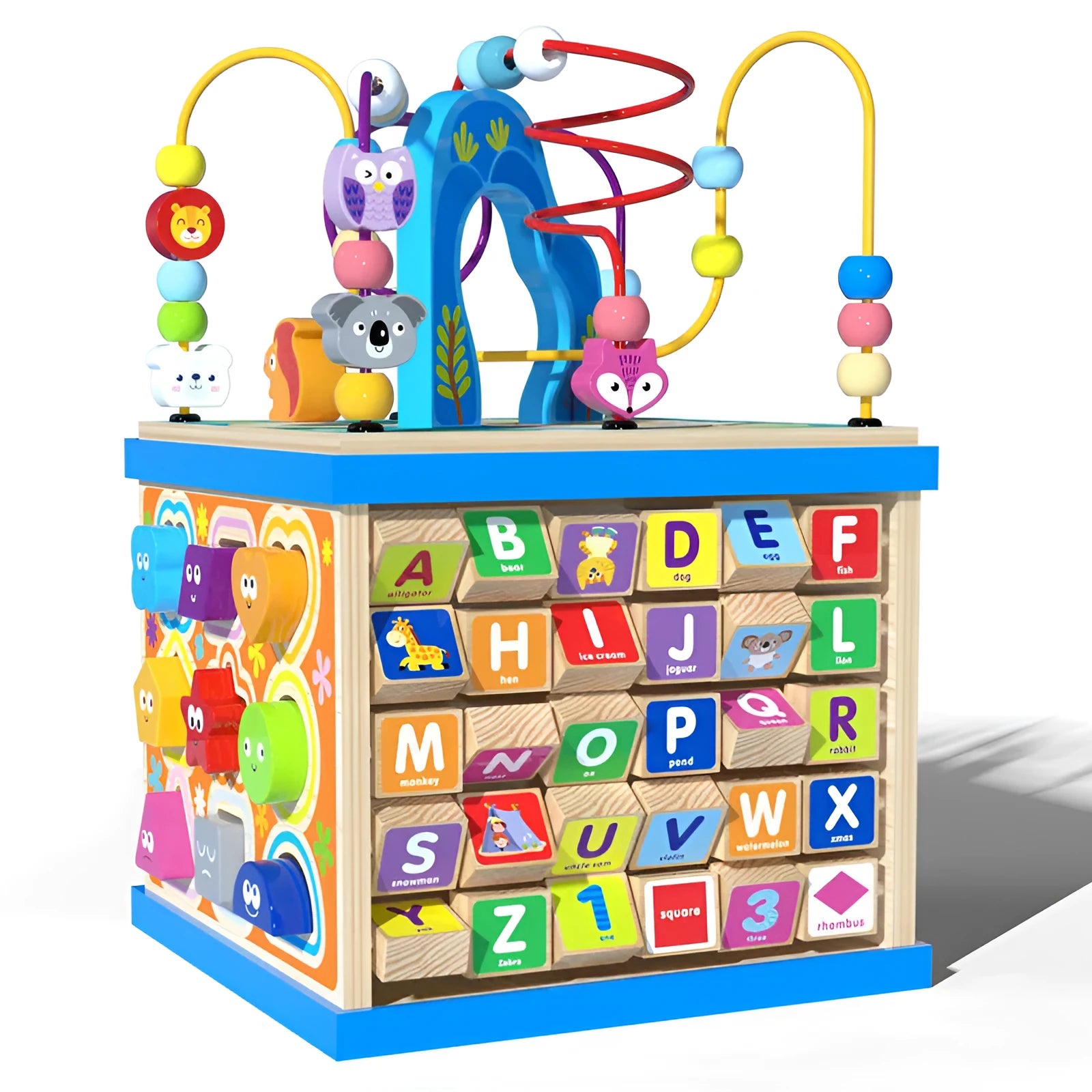 Blue wooden bead treasure box toy with multiple play scenes and bead runs, dimensions 23x23x32cm