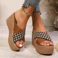 Cross leopard plaid pattern wedge sandals with rubber sole in casual slip-on style