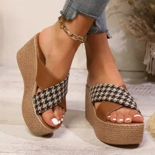 Cross leopard plaid pattern wedge sandals with rubber sole in casual slip-on style