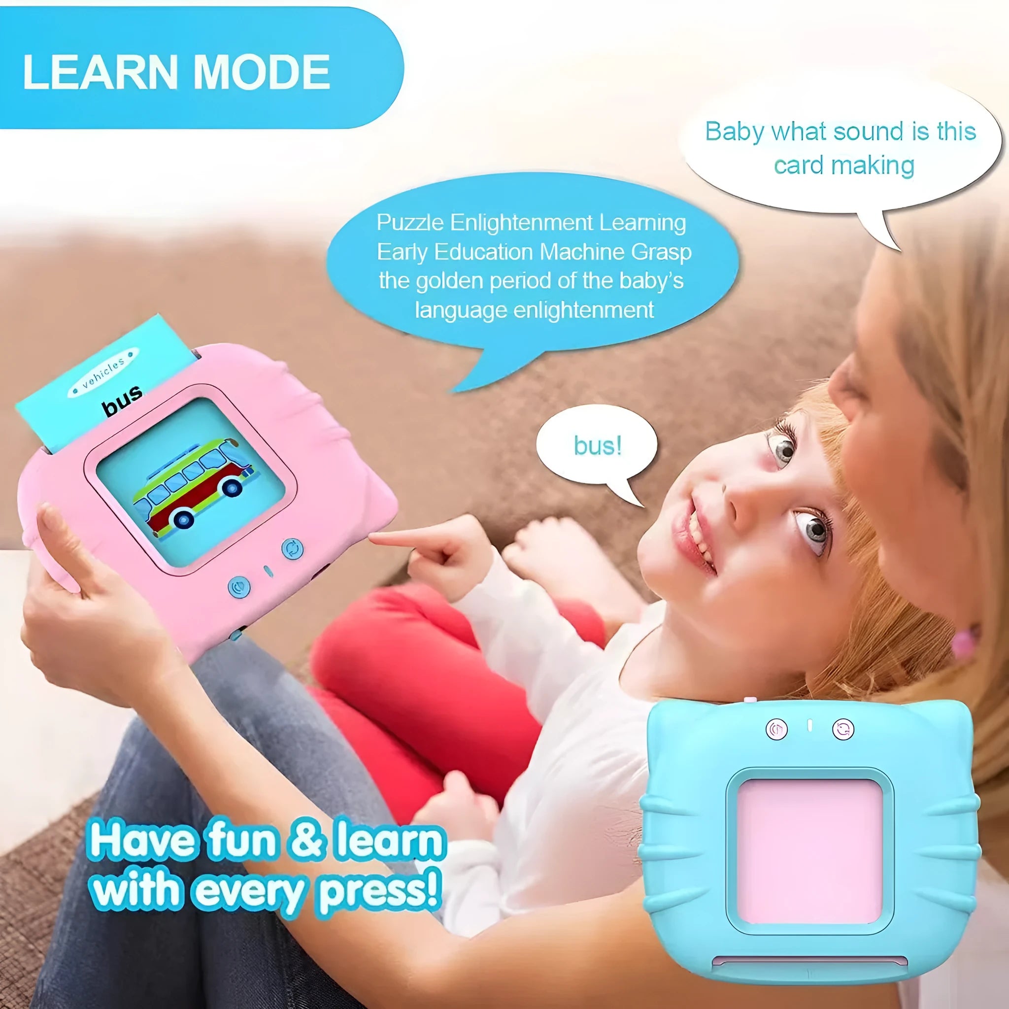 Blue children's learning machine with audio book cards on a table