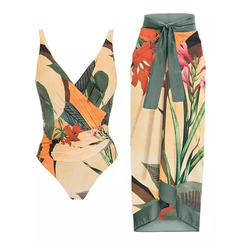 Solid colour women's one-piece swimsuit with thin spaghetti straps and a removable wrap skirt.