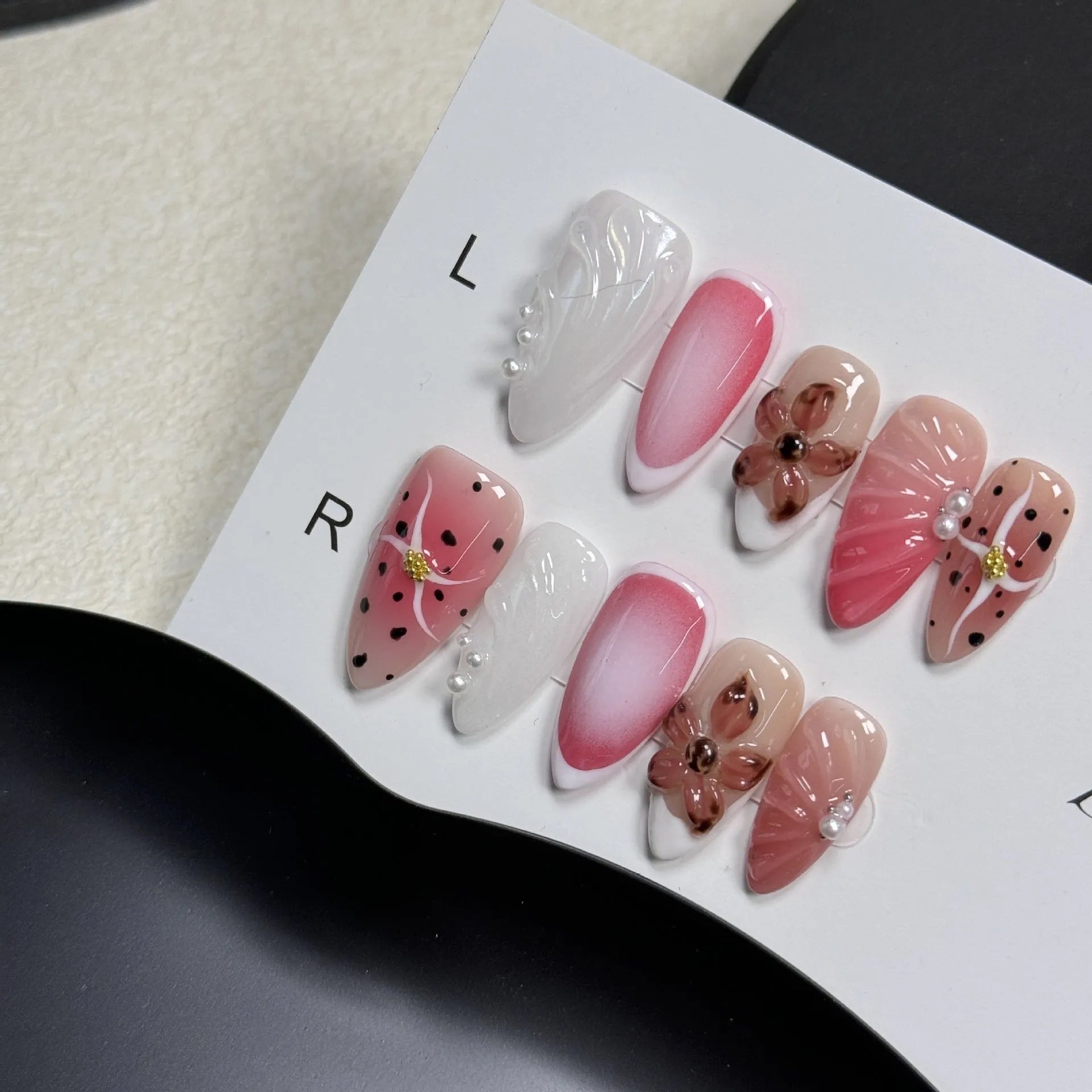 Hand-painted 3D carved nail beauty patches with embossed candy patterns in almond shape