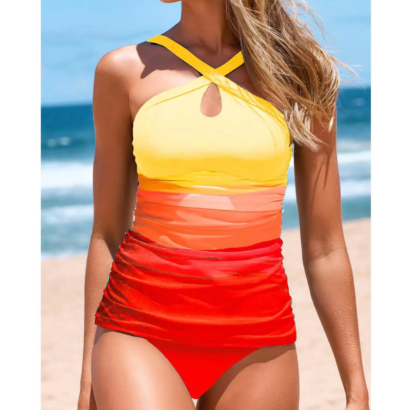 Gradient blue cross strap backless heap pleated polyester swimsuit for women swimming and wading
