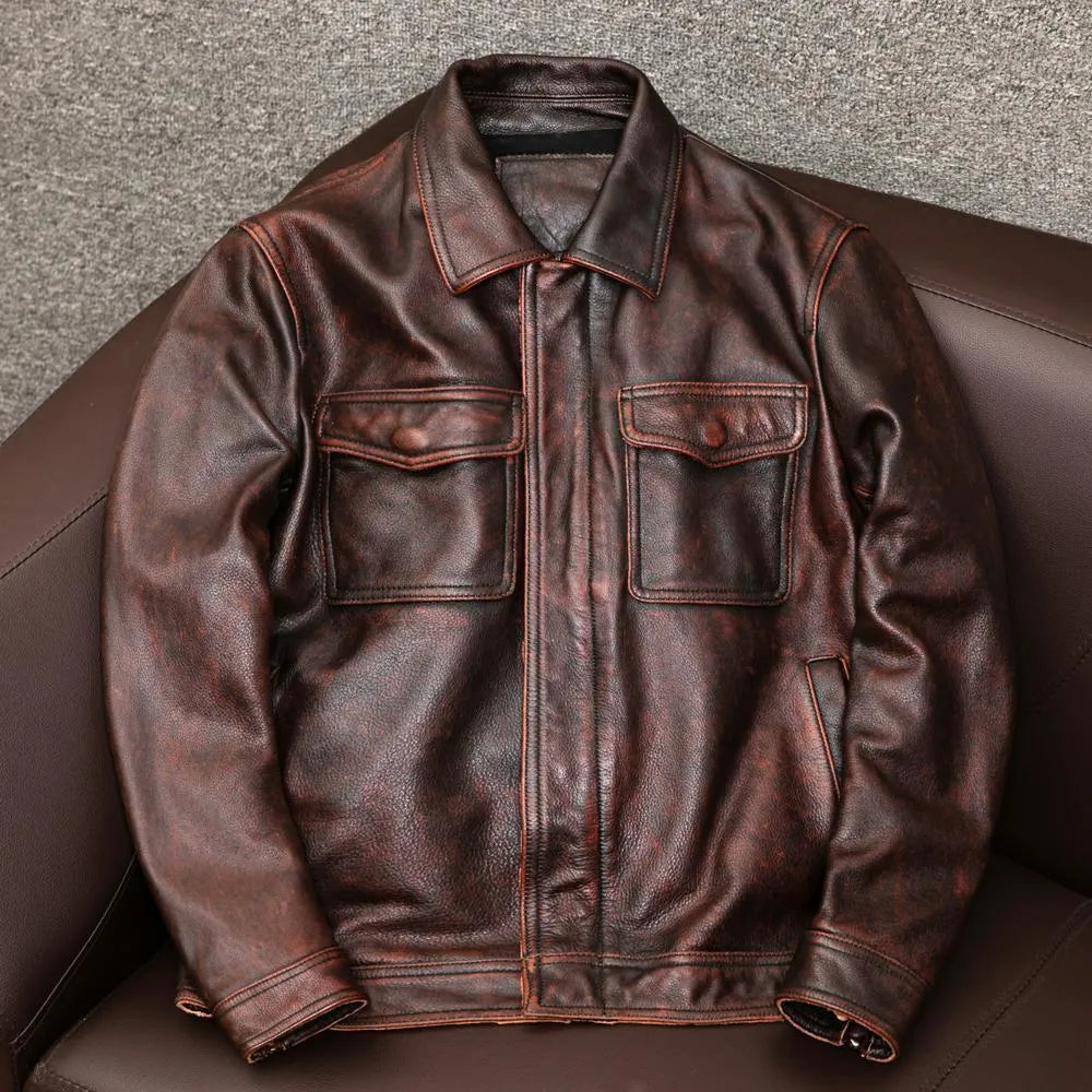 A man's black lapel short leather jacket with side pockets, shown in a loose fit.