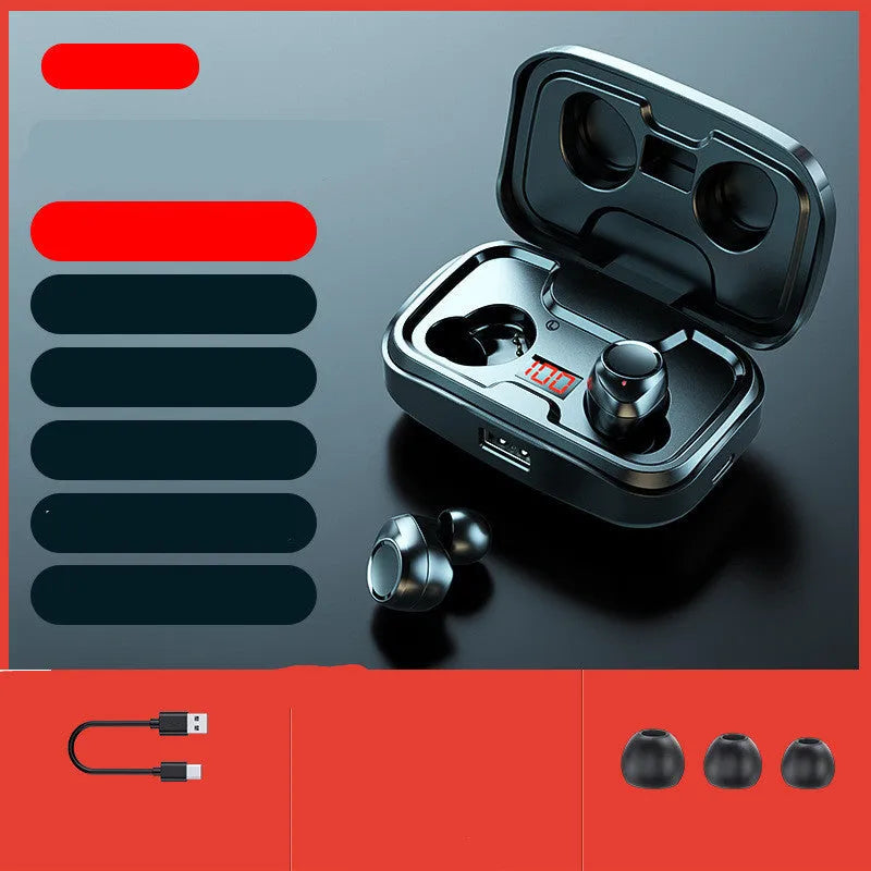 Wireless Bluetooth 5.0 in-ear earphones shown in black, blue, and red colour options.