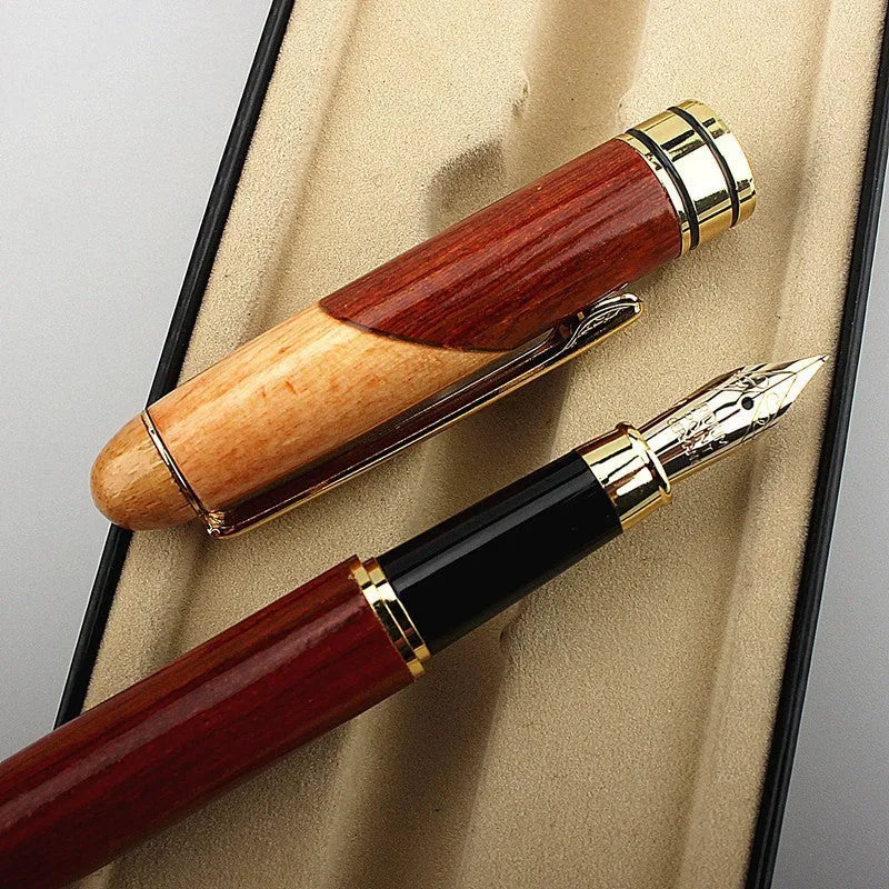 Wooden barrel and metal body ballpoint pen with a stylish protective storage bag.