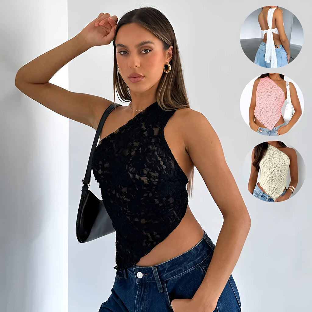 Women's sleeveless lace backless top with asymmetrical neckline in solid colour