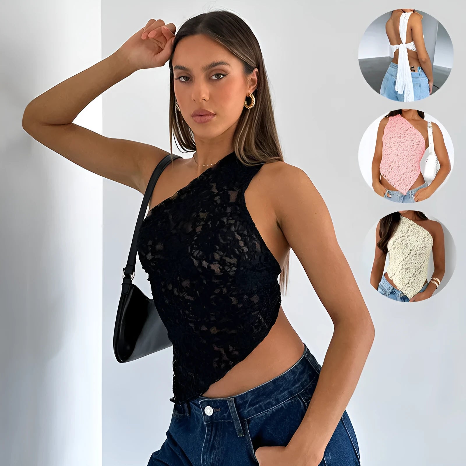 Women's sleeveless lace backless top with asymmetrical neckline in solid colour