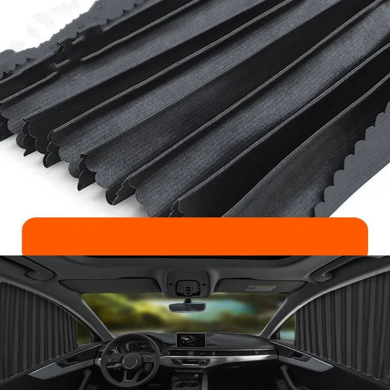 Auto retractable car sun curtain with roller shutter mechanism in black colour extended over vehicle window