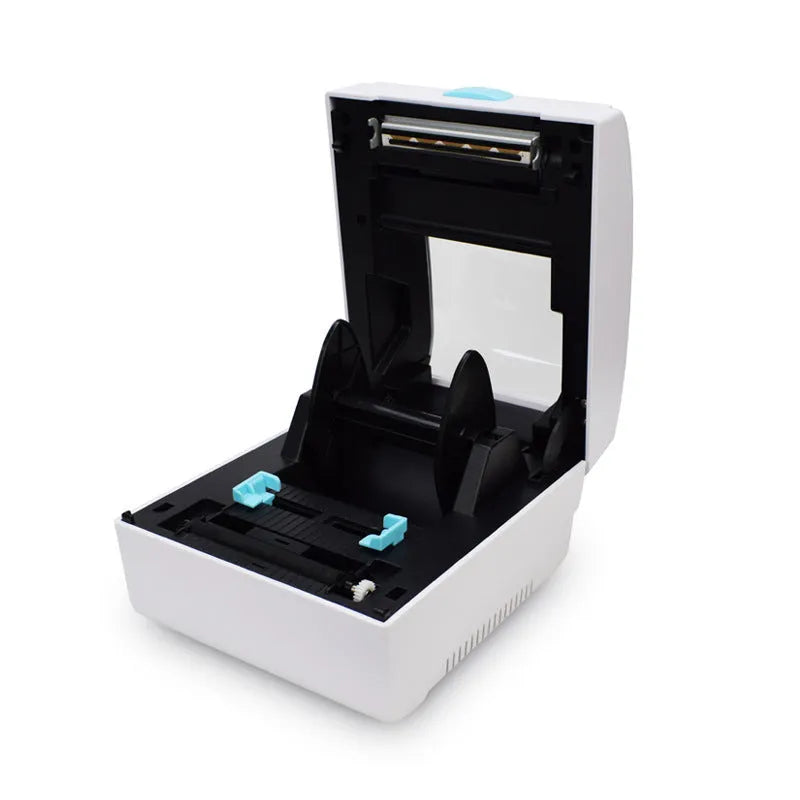 White heat-sensitive label printer with Bluetooth and USB connectivity, compact 200mm wide design