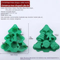 Christmas silicone 6-grid square baking mold with tree, snowflake, snowman, socks, gifts, and hat designs in pink, gray, or green