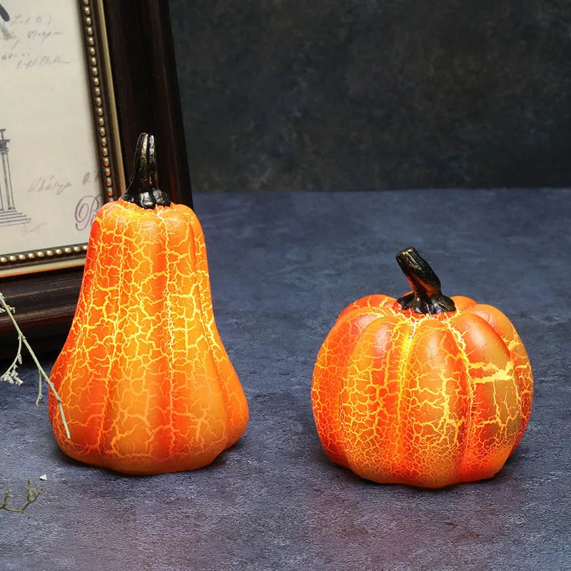 Three Halloween pumpkin lanterns in short, medium, and long sizes with LED illumination and realistic surface cracks