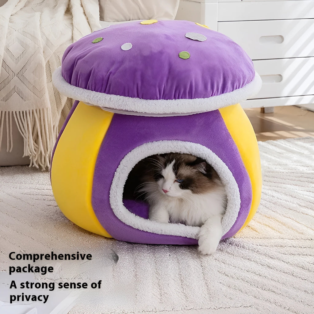 Mushroom-shaped plush cat nest with detachable rabbit blanket in grey pink purple colours