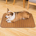 Brown rattan fibre cooling mat for dogs, shown in a large size on a floor.