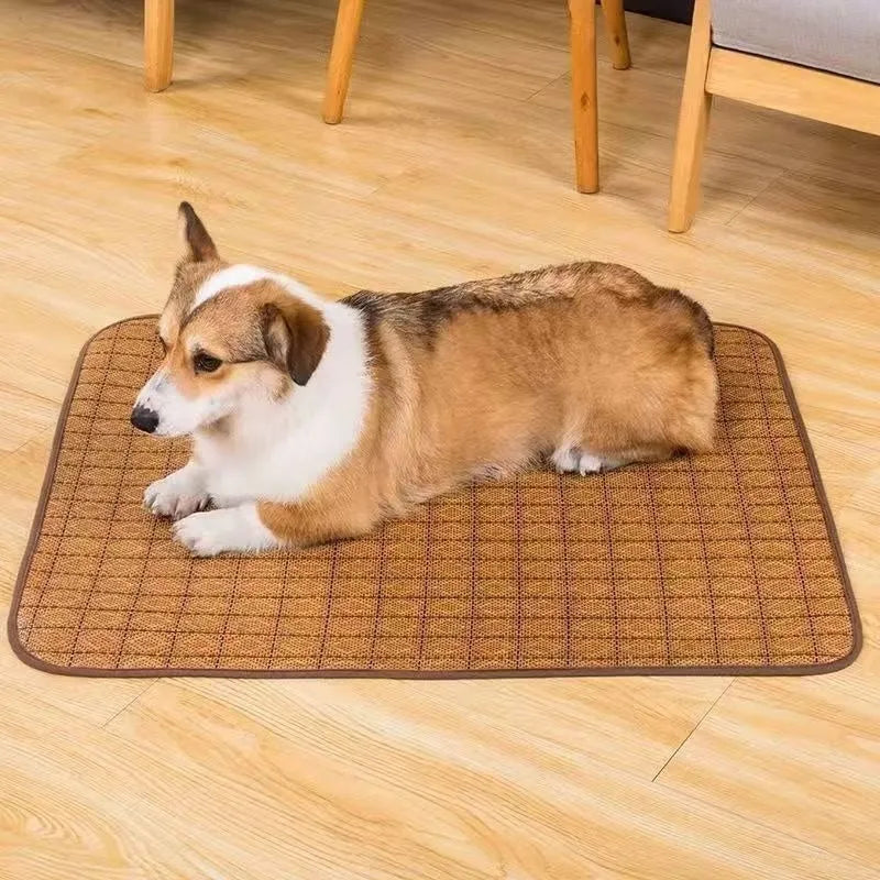 Brown rattan fibre cooling mat for dogs, shown in a large size on a floor.
