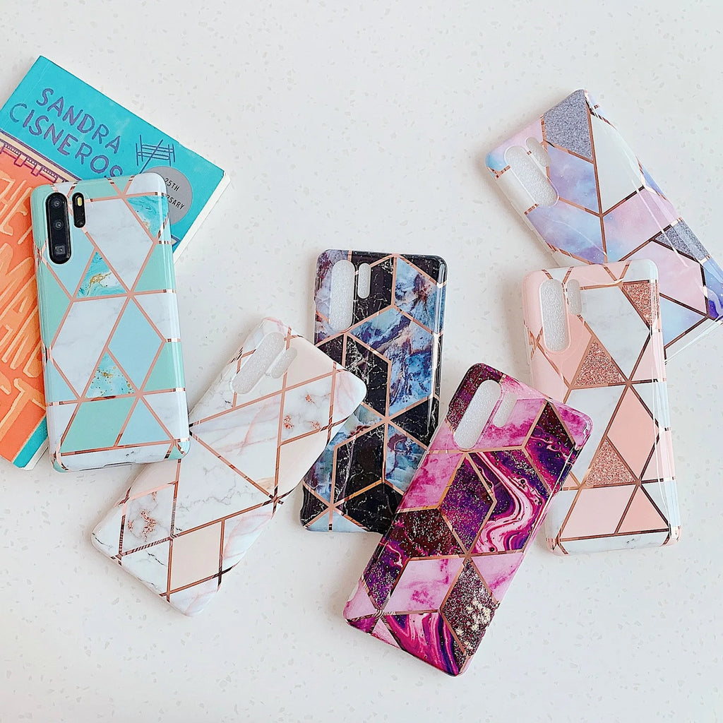 Electroplated marble pattern TPU back cover case for a mobile phone.